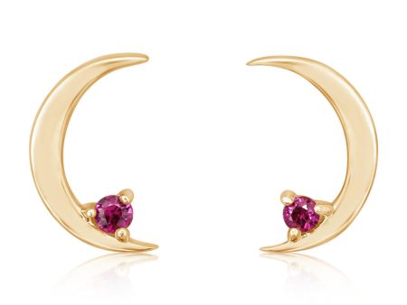 14K Yellow Gold Ruby Moon Earrings For Sale