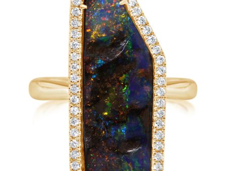 14K Yellow Gold Australian Boulder Opal Diamond Ring For Cheap