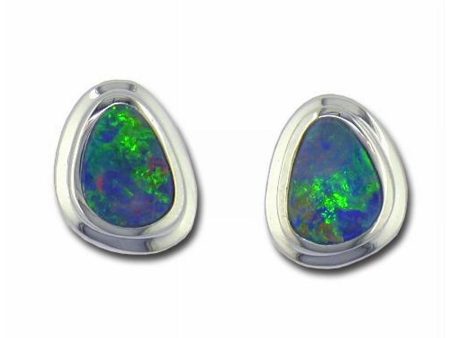 14K White Gold Australian Opal Doublet Wide Bezel Earrings Online now