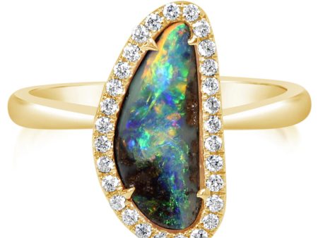 14K Yellow Gold Australian Boulder Opal Diamond Ring For Cheap