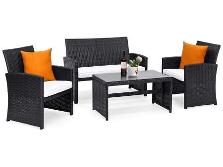 Goplus 4-Piece Rattan Patio Furniture Set Garden Lawn Pool Backyard Outdoor Sofa Wicker Conversation Set with Weather Resistant Cushions and Tempered Glass Tabletop (Black) Discount