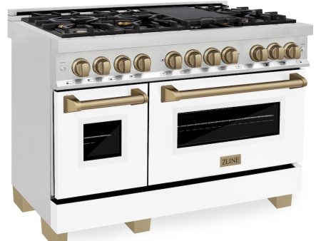 ZLINE Autograph Edition 48 in. 6.0 cu. ft. Legacy Dual Fuel Range with 7 Burner Gas Cooktop and 2 Electric Ovens in Stainless Steel with White Matte Doors and Champagne Bronze Accents (RAZ-WM-48-CB) For Cheap