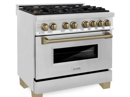 ZLINE Autograph Edition 36 in. 4.6 cu. ft. Legacy Dual Fuel Range with 6 Burner Gas Cooktop and Electric Convection Oven in Stainless Steel and Champagne Bronze Accents (RAZ-36-CB) Online Sale