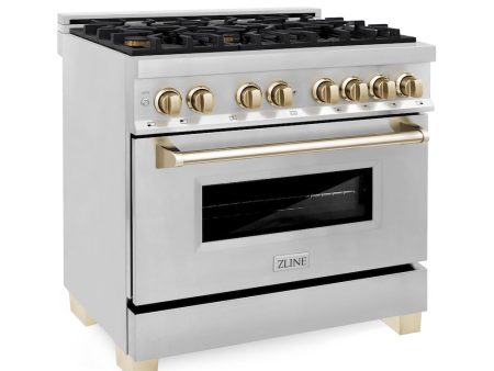 ZLINE Autograph Edition 36 in. 4.6 cu. ft. Legacy Dual Fuel Range with 6 Burner Gas Cooktop and Electric Convection Oven in Stainless Steel and Polished Gold Accents (RAZ-36-G) Online now