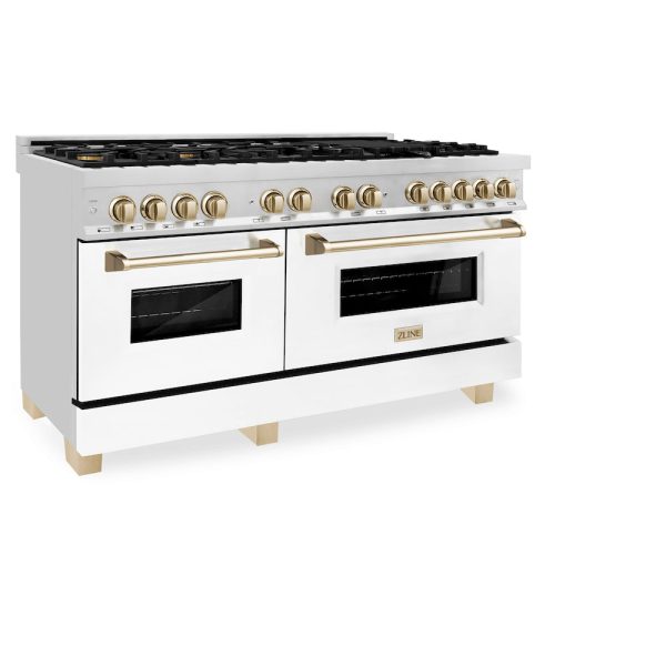 ZLINE Autograph Edition 60 in. 7.4 cu. ft. Legacy Dual Fuel Range with 9 Burner Gas Cooktop and 2 Electric Convection Ovens in Stainless Steel with White Matte Doors and Polished Gold Accents (RAZ-WM-60-G) Hot on Sale