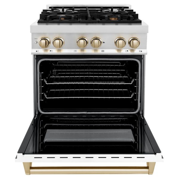 ZLINE Autograph Edition 30 in. 4.0 cu. ft. Legacy Dual Fuel Range with 4 Burner Gas Cooktop and Electric Convection Oven in Stainless Steel with White Matte Door and Polished Gold Accents (RAZ-WM-30-G) Supply