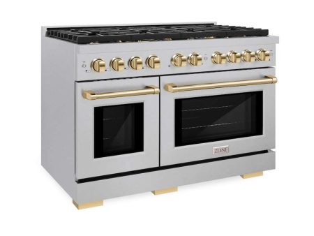 ZLINE Autograph Edition 48 in. 6.7 cu. ft. Paramount Double Oven Gas Range with 8 Burner Cooktop in DuraSnow® Stainless Steel and Polished Gold Accents (SGRSZ-48-G) For Cheap