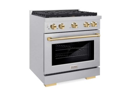 ZLINE Autograph Edition 30 in. 4.2 cu. ft. Paramount Gas Range with 4 Burner Cooktop and Convection Gas Oven in DuraSnow® Stainless Steel and Polished Gold Accents (SGRSZ-30-G) Hot on Sale