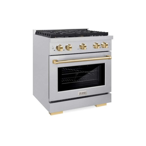 ZLINE Autograph Edition 30 in. 4.2 cu. ft. Paramount Gas Range with 4 Burner Cooktop and Convection Gas Oven in DuraSnow® Stainless Steel and Polished Gold Accents (SGRSZ-30-G) Hot on Sale