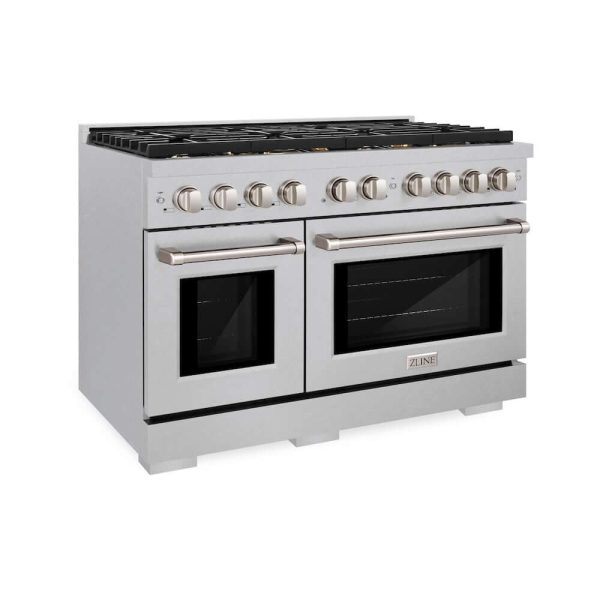 ZLINE 48 in. 6.7 cu. ft. Paramount Double Oven Gas Range in DuraSnow® Stainless Steel with 8 Brass Burners (SGRS-BR-48) Cheap