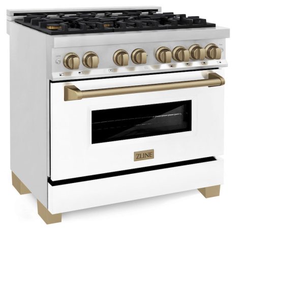 ZLINE Autograph Edition 36 in. 4.6 cu. ft. Legacy Dual Fuel Range with 6 Burner Gas Cooktop and Electric Convection Oven in Stainless Steel with White Matte Door and Champagne Bronze Accents (RAZ-WM-36-CB) For Sale