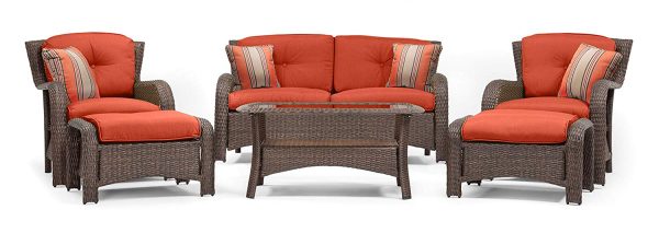 La-Z-Boy Outdoor Sawyer 6 Piece Resin Wicker Patio Furniture Conversation Set (Grenadine Orange) with All Weather Sunbrella Cushions Fashion