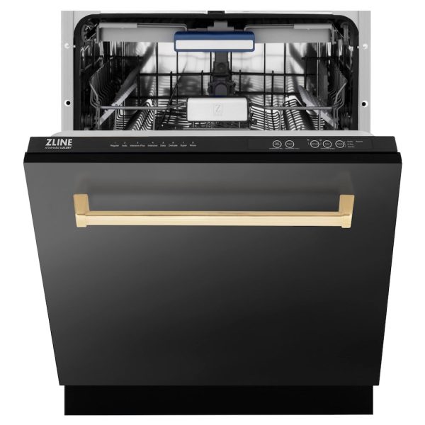 ZLINE Autograph Edition 24 in. Tallac Series 3rd Rack Top Control Built-In Tall Tub Dishwasher in Black Stainless Steel with Champagne Bronze Handle, 51dBa (DWVZ-BS-24-CB) Sale