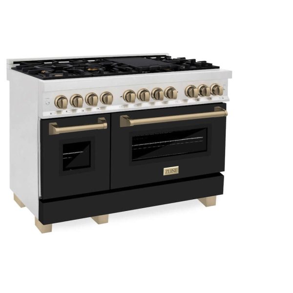 ZLINE Autograph Edition 48 in. 6.0 cu. ft. Legacy Dual Fuel Range with 7 Burner Gas Cooktop and 2 Electric Ovens in DuraSnow® Stainless Steel with Black Matte Doors and Champagne Bronze Accents (RASZ-BLM-48-CB) Online Sale