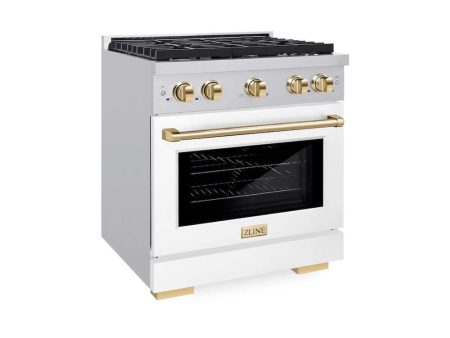 ZLINE Autograph Edition 30 in. 4.2 cu. ft. Paramount Gas Range with 4 Burner Cooktop and Convection Gas Oven in Stainless Steel with White Matte Door and Polished Gold Accents (SGRZ-WM-30-G) For Discount