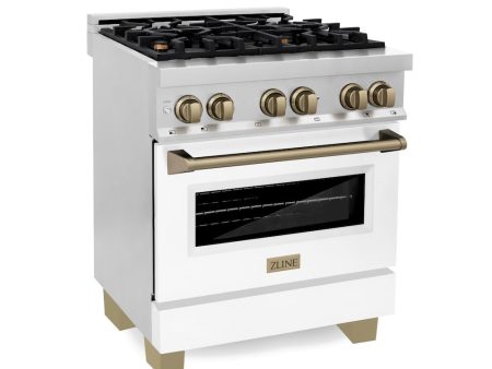 ZLINE Autograph Edition 30 in. 4.0 cu. ft. Legacy Dual Fuel Range with 4 Burner Gas Cooktop and Electric Convection Oven in Stainless Steel with White Matte Door and Champagne Bronze Accents (RAZ-WM-30-CB) For Cheap