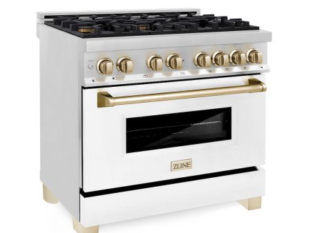 ZLINE Autograph Edition 36 in. 4.6 cu. ft. Legacy Dual Fuel Range with 6 Burner Gas Cooktop and Electric Convection Oven in Stainless Steel with White Matte Door and Polished Gold Accents (RAZ-WM-36-G) For Sale