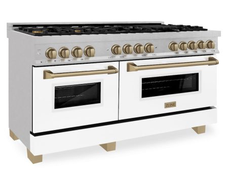 ZLINE Autograph Edition 60 in. 7.4 cu. ft. Legacy Dual Fuel Range with 9 Burner Gas Cooktop and 2 Electric Convection Ovens in DuraSnow® Stainless Steel with White Matte Doors and Champagne Bronze Accents (RASZ-WM-60-CB) For Sale