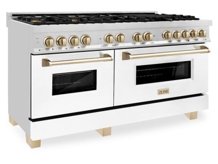 ZLINE Autograph Edition 60 in. 7.4 cu. ft. Legacy Dual Fuel Range with 9 Burner Gas Cooktop and 2 Electric Convection Ovens in Stainless Steel with White Matte Doors and Polished Gold Accents (RAZ-WM-60-G) Hot on Sale