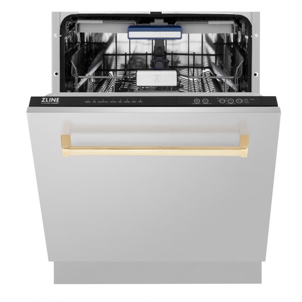 ZLINE Autograph Edition 24 in. Tallac Series 3rd Rack Top Control Built-In Tall Tub Dishwasher in Stainless Steel with Polished Gold Handle, 51dBa (DWVZ-304-24-G) Fashion