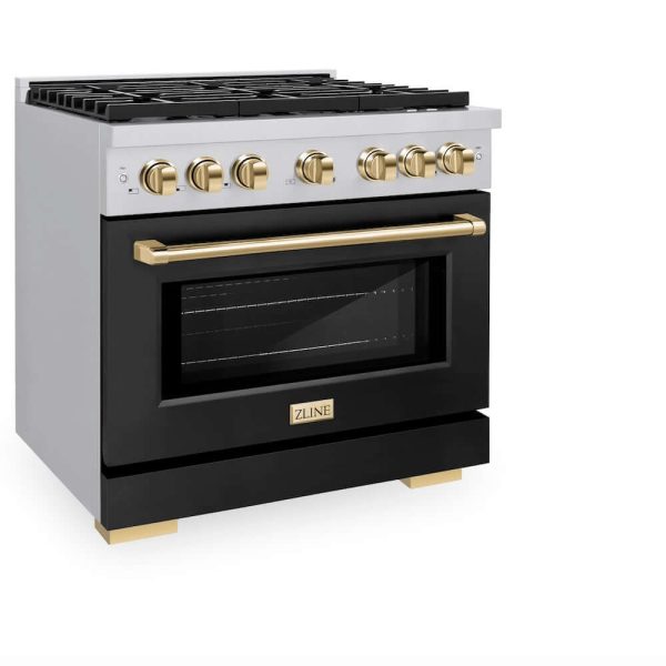 ZLINE Autograph Edition 36 in. 5.2 cu. ft. Paramount Gas Range with 6 Burner Cooktop and Convection Gas Oven in Stainless Steel with Black Matte Door and Polished Gold Accents (SGRZ-BLM-36-G) For Cheap