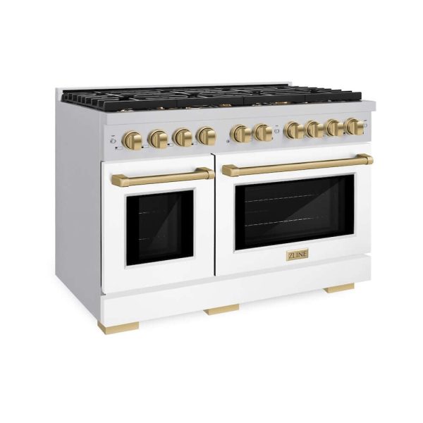 ZLINE Autograph Edition 48 in. 6.7 cu. ft. Paramount Double Oven Gas Range with 8 Burner Cooktop in Stainless Steel with White Matte Doors and Champagne Bronze Accents (SGRZ-WM-48-CB) Supply