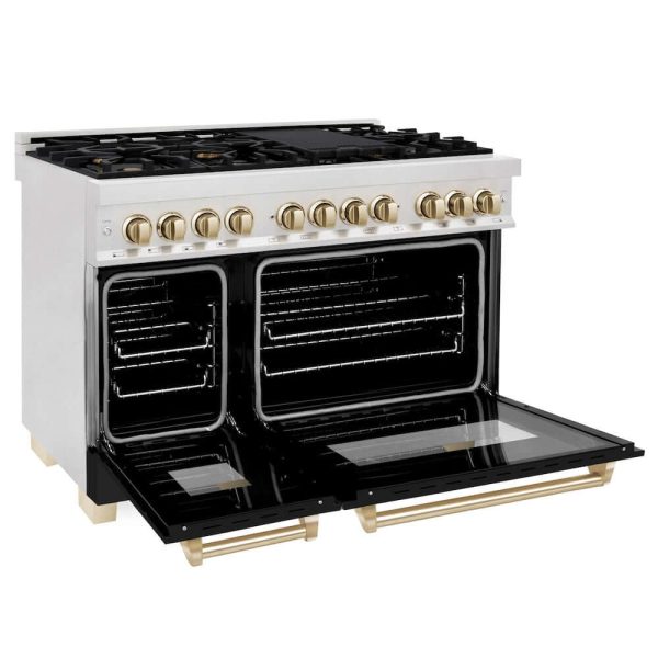 ZLINE Autograph Edition 48 in. 6.0 cu. ft. Legacy Dual Fuel Range with 7 Burner Gas Cooktop and 2 Electric Ovens in DuraSnow® Stainless Steel with Black Matte Doors and Polished Gold Accents (RASZ-BLM-48-G) For Cheap