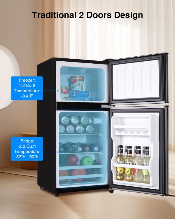 Mini Fridge with Freezer, 3.5 Cu.Ft Compact Refrigerator with Freezer, 7-level Thermostat & Removable Partition, Low-noise 2 Door Small Fridge for Office, Room, Rv, Corner, Black on Sale