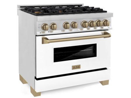 ZLINE Autograph Edition 36 in. 4.6 cu. ft. Legacy Dual Fuel Range with 6 Burner Gas Cooktop and Electric Convection Oven in Stainless Steel with White Matte Door and Champagne Bronze Accents (RAZ-WM-36-CB) For Sale