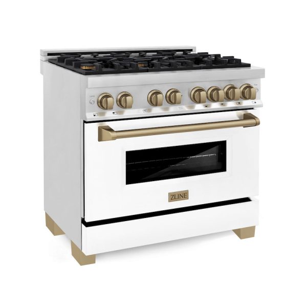 ZLINE Autograph Edition 36 in. 4.6 cu. ft. Legacy Dual Fuel Range with 6 Burner Gas Cooktop and Electric Convection Oven in Stainless Steel with White Matte Door and Champagne Bronze Accents (RAZ-WM-36-CB) For Sale