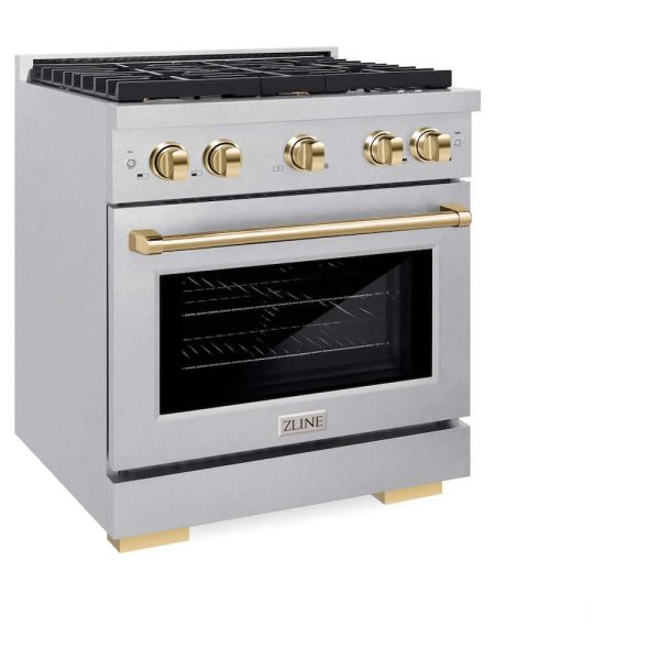 ZLINE Autograph Edition 30 in. 4.2 cu. ft. Paramount Gas Range with 4 Burner Cooktop and Convection Gas Oven in DuraSnow® Stainless Steel and Polished Gold Accents (SGRSZ-30-G) Hot on Sale