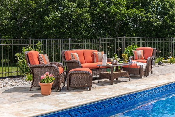 La-Z-Boy Outdoor Sawyer 6 Piece Resin Wicker Patio Furniture Conversation Set (Grenadine Orange) with All Weather Sunbrella Cushions Fashion