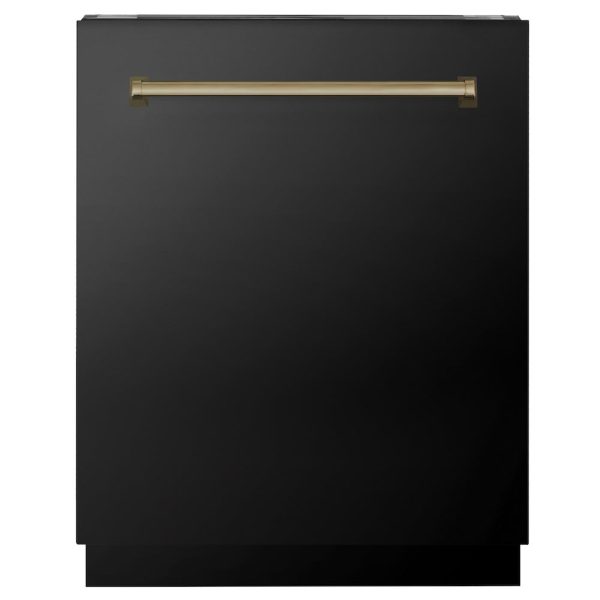 ZLINE Autograph Edition 24 in. Tallac Series 3rd Rack Top Control Built-In Tall Tub Dishwasher in Black Stainless Steel with Champagne Bronze Handle, 51dBa (DWVZ-BS-24-CB) Sale