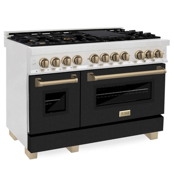 ZLINE Autograph Edition 48 in. 6.0 cu. ft. Legacy Dual Fuel Range with 7 Burner Gas Cooktop and 2 Electric Ovens in DuraSnow® Stainless Steel with Black Matte Doors and Champagne Bronze Accents (RASZ-BLM-48-CB) Online Sale