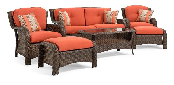 La-Z-Boy Outdoor Sawyer 6 Piece Resin Wicker Patio Furniture Conversation Set (Grenadine Orange) with All Weather Sunbrella Cushions Fashion