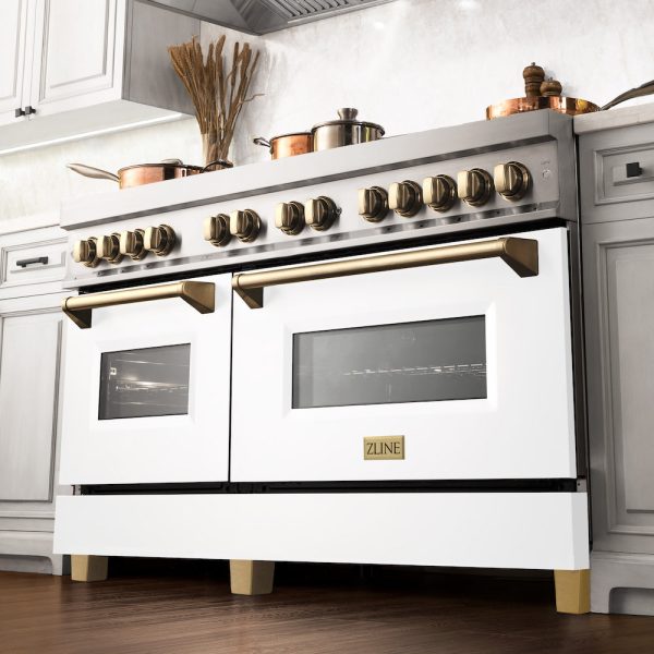 ZLINE Autograph Edition 60 in. 7.4 cu. ft. Legacy Dual Fuel Range with 9 Burner Gas Cooktop and 2 Electric Convection Ovens in Stainless Steel with White Matte Doors and Polished Gold Accents (RAZ-WM-60-G) Hot on Sale