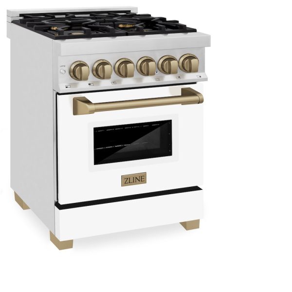 ZLINE Autograph Edition 24 in. 2.8 cu. ft. Legacy Dual Fuel Range with 4 Burner Gas Cooktop and Electric Convection Oven in Stainless Steel with White Matte Door and Champagne Bronze Accents (RAZ-WM-24-CB) Hot on Sale