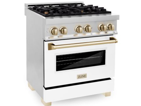 ZLINE Autograph Edition 30 in. 4.0 cu. ft. Legacy Dual Fuel Range with 4 Burner Gas Cooktop and Electric Convection Oven in Stainless Steel with White Matte Door and Polished Gold Accents (RAZ-WM-30-G) Supply