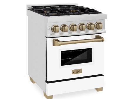 ZLINE Autograph Edition 24 in. 2.8 cu. ft. Legacy Dual Fuel Range with 4 Burner Gas Cooktop and Electric Convection Oven in Stainless Steel with White Matte Door and Champagne Bronze Accents (RAZ-WM-24-CB) Hot on Sale