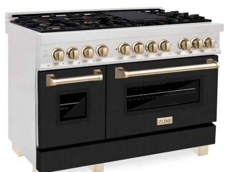 ZLINE Autograph Edition 48 in. 6.0 cu. ft. Legacy Dual Fuel Range with 7 Burner Gas Cooktop and 2 Electric Ovens in DuraSnow® Stainless Steel with Black Matte Doors and Polished Gold Accents (RASZ-BLM-48-G) For Cheap