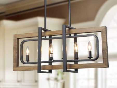 LOG BARN 6 Lights Farmhouse Island Pendant Chandelier in Distressed Wood and Matte Black Metal Finish, 31.5  Large Kitchen Light Fixture, A03429 Online now