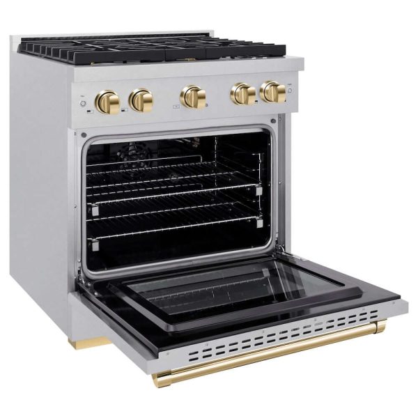 ZLINE Autograph Edition 30 in. 4.2 cu. ft. Paramount Gas Range with 4 Burner Cooktop and Convection Gas Oven in DuraSnow® Stainless Steel and Polished Gold Accents (SGRSZ-30-G) Hot on Sale