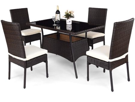 Tangkula Patio Furniture, 5 PCS All Weather Resistant Heavy Duty Wicker Dining Set with Stacking Chairs, Perfect for Balcony Patio Garden Poolside, 5 Piece Wicker Table and Chairs Set Cheap