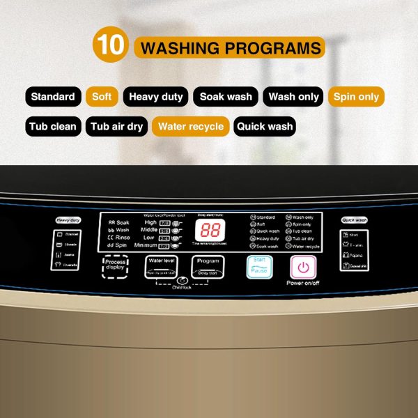 Tymyp 17.8 LBS Portable Washer Combo, Full Automatic Washing Machine with LED Display, 10 Wash Programs and 8 Water Levels, Ideal for Dorms, Apartments, RV(Golden) Online now