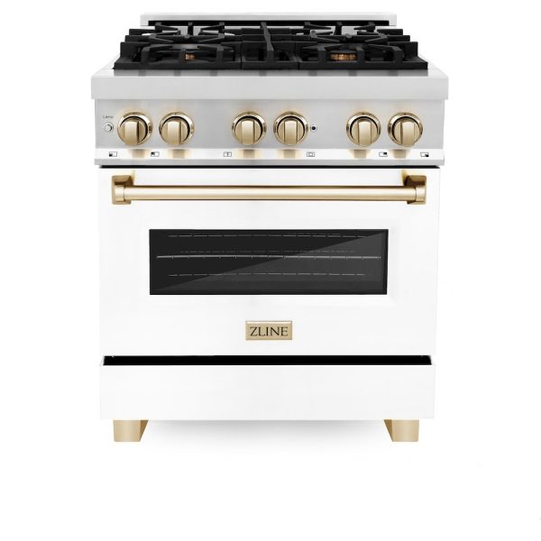 ZLINE Autograph Edition 30 in. 4.0 cu. ft. Legacy Dual Fuel Range with 4 Burner Gas Cooktop and Electric Convection Oven in Stainless Steel with White Matte Door and Polished Gold Accents (RAZ-WM-30-G) Supply