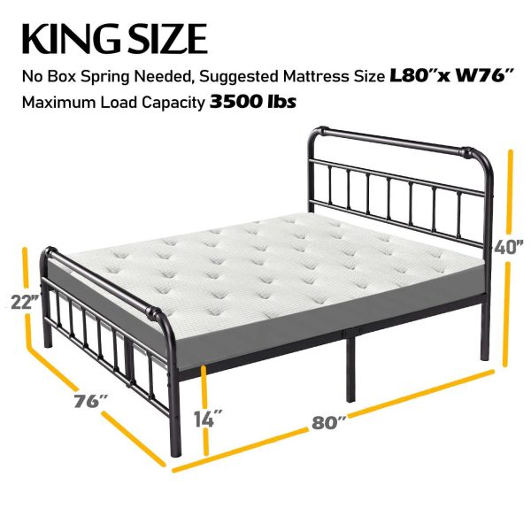 Uliesc King Size Bed Frame with Headboard and Footboard, No Box Spring Needed Heavy Duty Metal Platform, Premium Steel Slat Support, Black Iron-Art Bed Frame——14“ High - new on Sale