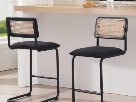 Zesthouse Boucle Bar Stools Counter Height Set of 2, 26   Rattan Barstools with Wooden Back & Natural Cane Mesh, Mid Century Cantilevered Design Counter Stools for Kitchen Island, Chrome Base - new Online now