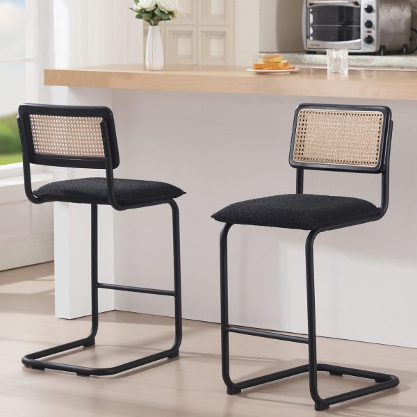 Zesthouse Boucle Bar Stools Counter Height Set of 2, 26   Rattan Barstools with Wooden Back & Natural Cane Mesh, Mid Century Cantilevered Design Counter Stools for Kitchen Island, Chrome Base - new Online now