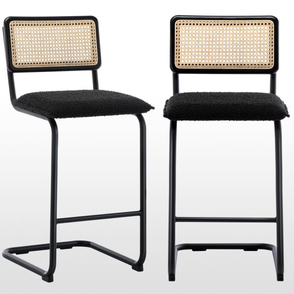 Zesthouse Boucle Bar Stools Counter Height Set of 2, 26   Rattan Barstools with Wooden Back & Natural Cane Mesh, Mid Century Cantilevered Design Counter Stools for Kitchen Island, Chrome Base - new Online now