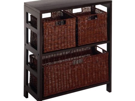 Winsome Wood Leo Wood 3 Tier Shelf with 3 Rattan Baskets - 1 Large; 2 Small in Espresso Finish For Discount